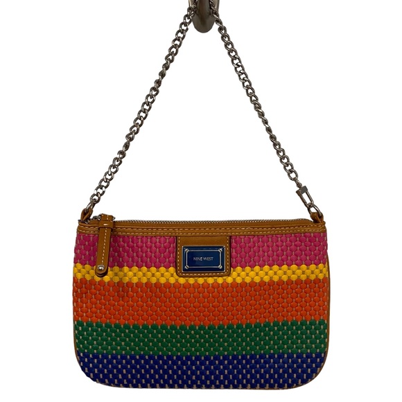 NINE WEST Multi-Color Woven Zip Close Silver Chain Strap Bag Purse - Picture 3 of 6